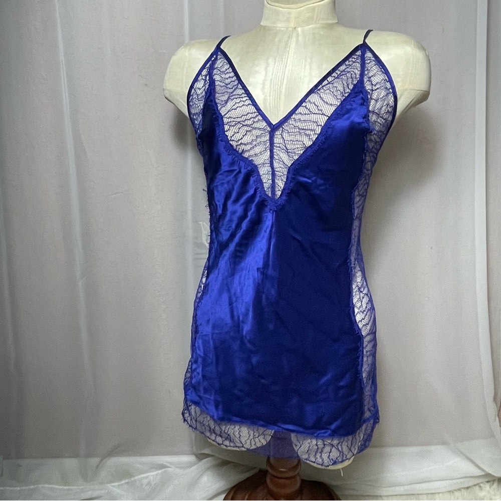 Naked Princess lingerie Sleepwear Intimate 100% Silk Lace Royal Blue Sz P